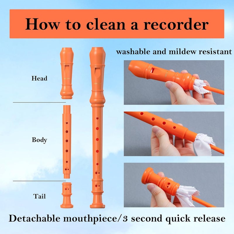 SDREAM Soprano Recorder Instrument for Kids and Adults - Beginner 8 Hole German Fingering Recorder Flute With Cleaning Rod, Packing Bag and Sheet Music (Orange) - Image 4